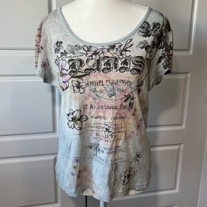 Paris Graphic Tee Rhinestone‎ Accents Floral Print Short Sleeve Top PL
